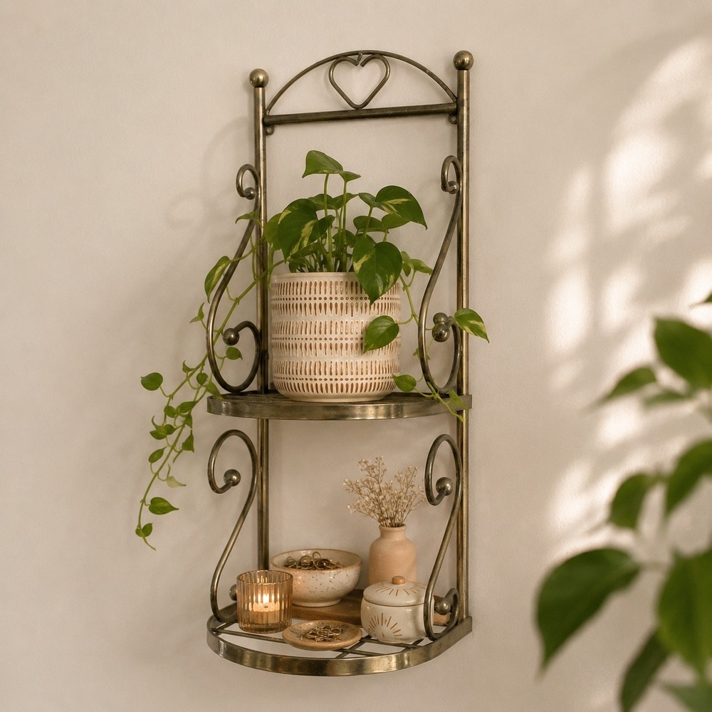 Vtg brass Wall Display Shelf Heart Cutout Cottagecore Farmhouse Trinket 16" boho